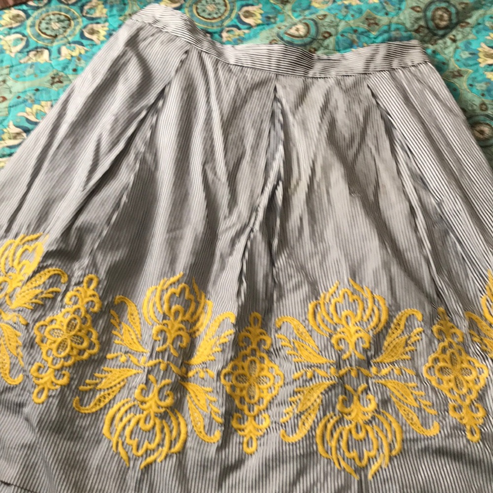 Navy & white stripe skirt & yellow embroidery